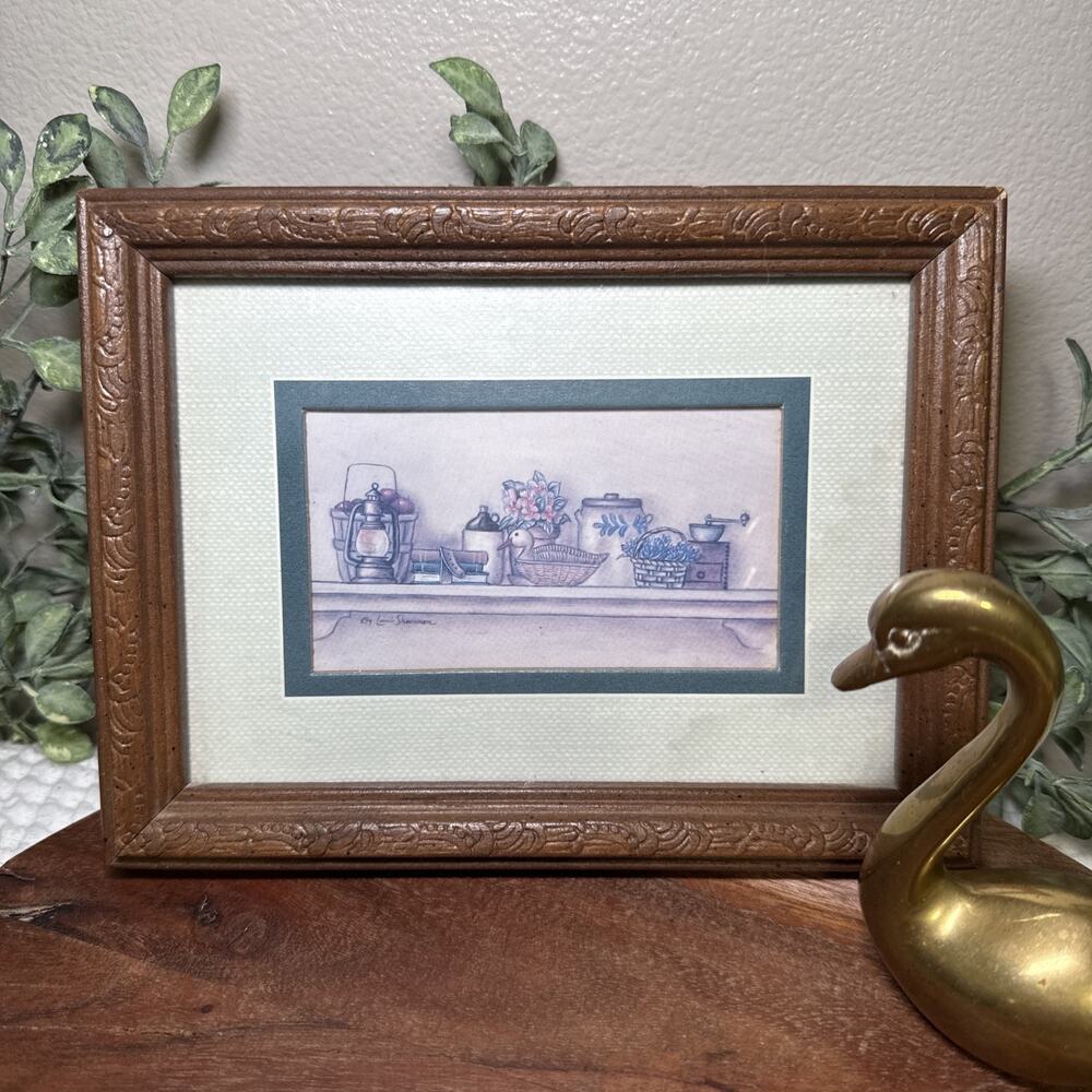Country Kitchen Still Life Print Framed Lantern Coffee Grinder Rustic Art Vtg